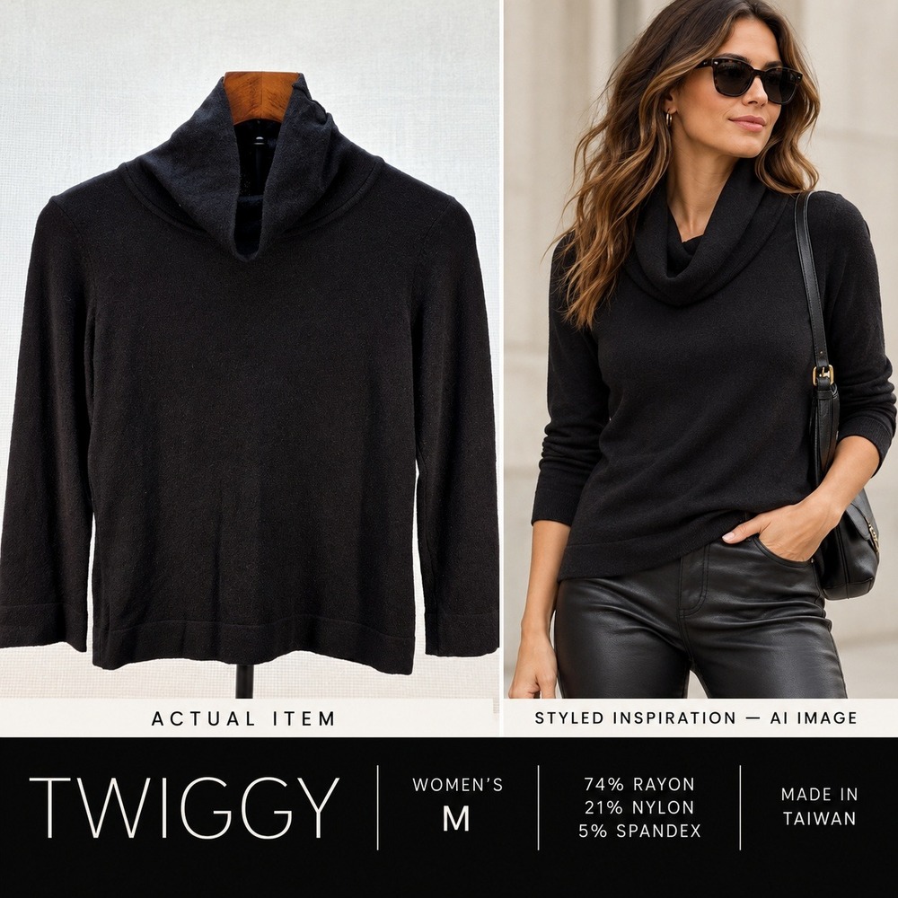 Twiggy Women's Cowl Neck Knit Sweater Black Size M Rayon Blend 3/4 Sleeve Cozy